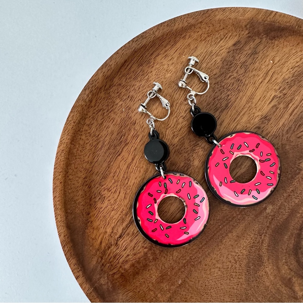 3/$20 Handmade Pink Donuts Sprinkles Clip-on Earrings